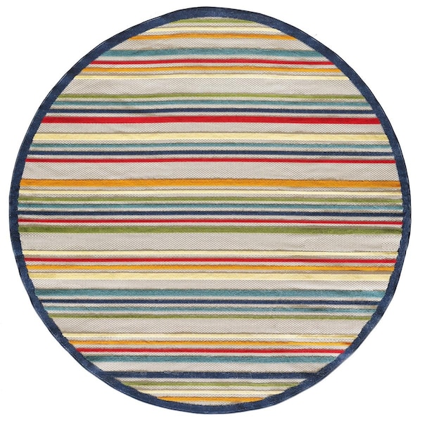 Palacedesigns 8 ft. Round Navy Colorful Striped Indoor or Outdoor Area Rug - Ivory PA3676845 - main